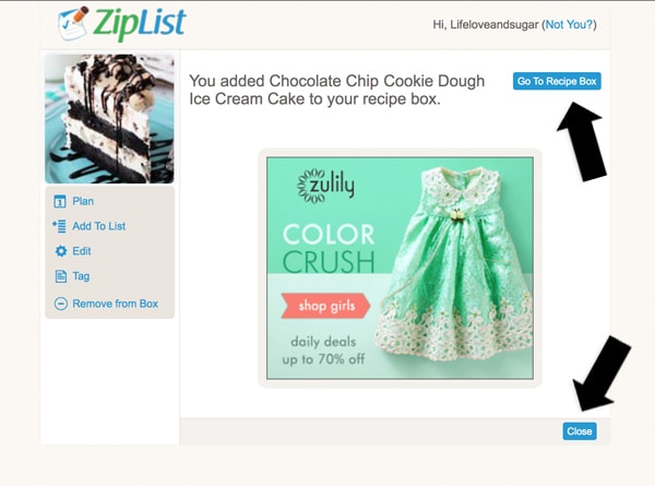 A Screenshot Showing Readers How to Go to Their Ziplist Recipe Box