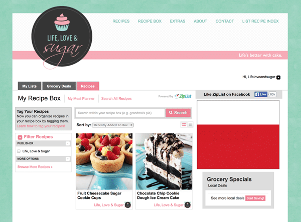 A Screenshot of My Personal Recipe Box on Ziplist