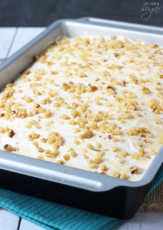 Baklava Poke Cake in a pan