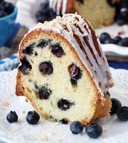 A Slice of Blueberry Coconut Bundt Cake on a plate