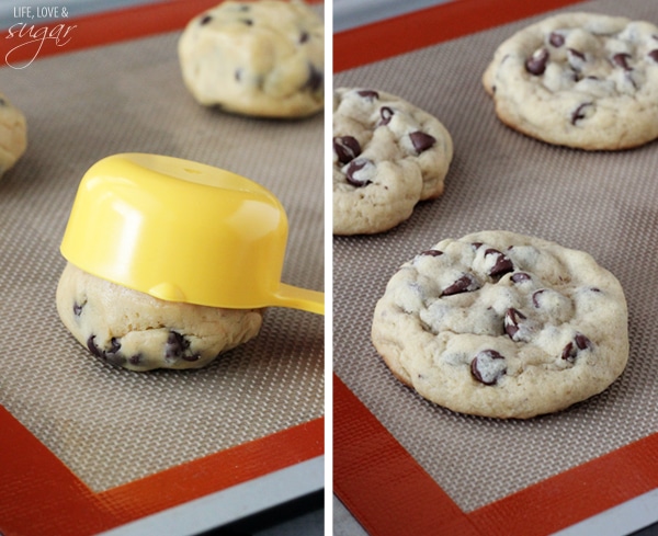 Collage of Bakery Style Chocolate Chip Cookies on a Silpat mat before and after baking