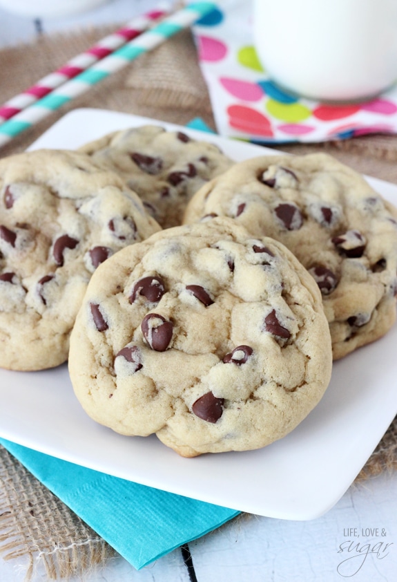 Thick and Chewy Chocolate Chip Cookies on a plate