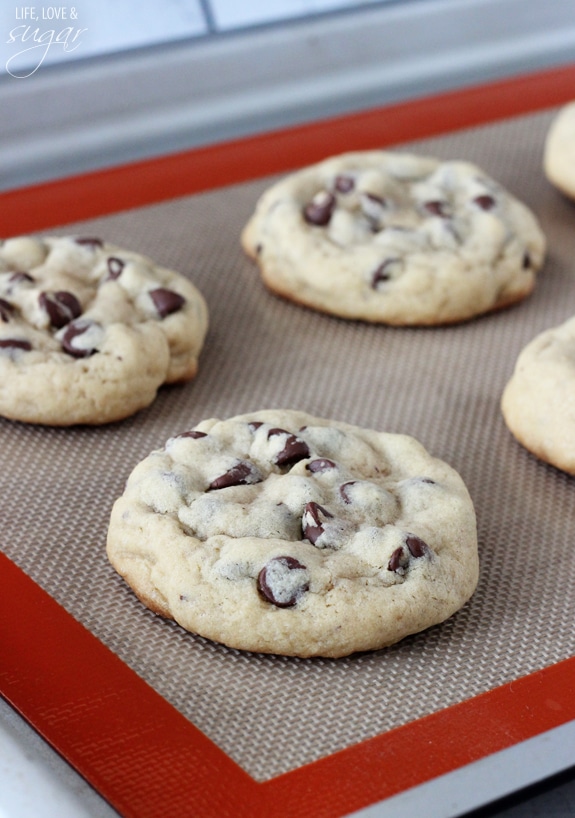 Bakery Style Chocolate Chip Cookies on a silpat mat