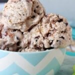 Oatmeal Chocolate Chip Cookie Ice Cream in a blue and white chevron bowl