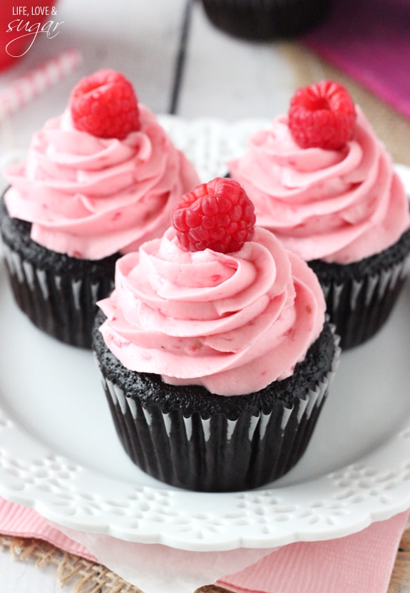 Raspberry Chocolate Cupcakes on a white plate