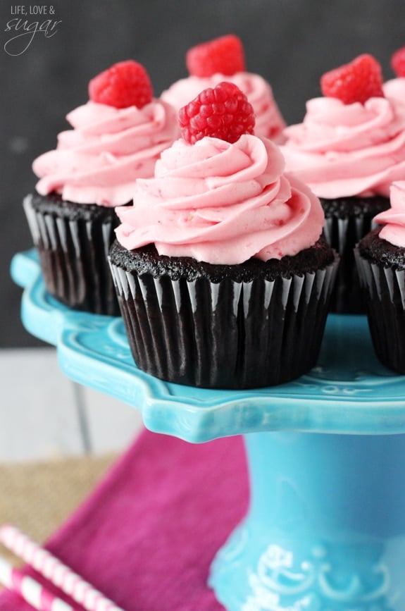 Raspberry Chocolate Cupcakes on a blue stand