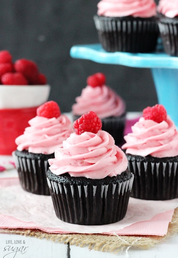 Raspberry Chocolate Cupcakes on a pink napkin