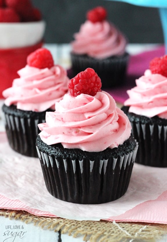 Raspberry Chocolate Cupcakes on a pink napkin