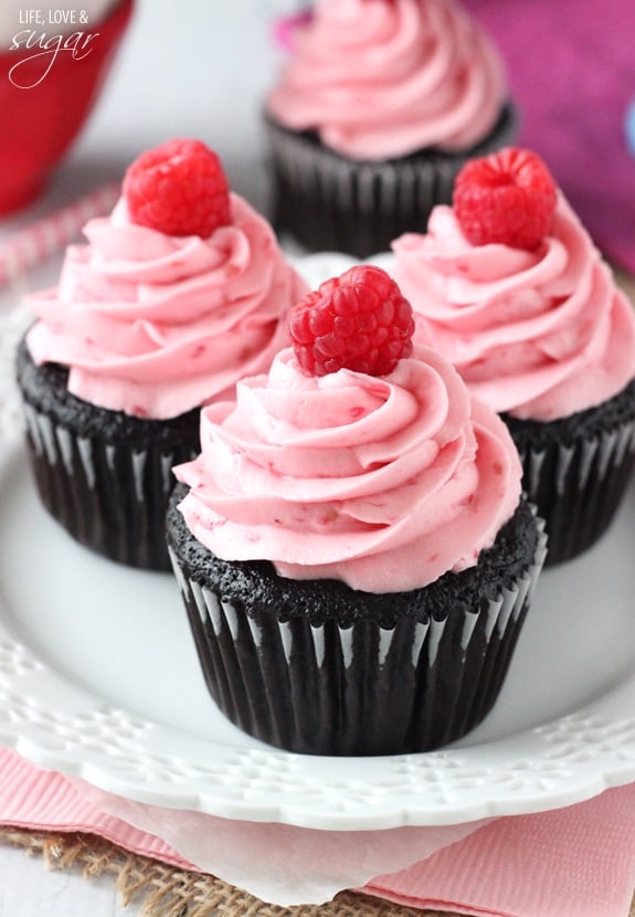 Raspberry Chocolate Cupcakes on a white plate