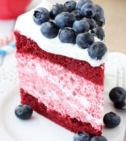 Red Velvet Ice Cream Cake slice on white plate