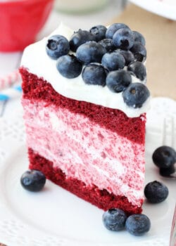 Red Velvet Ice Cream Cake slice on white plate