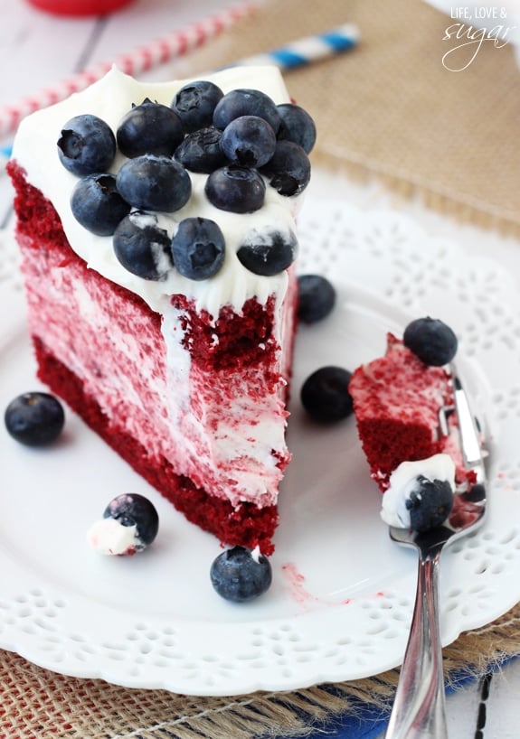 A slice of Red Velvet Ice Cream Cake on a plate