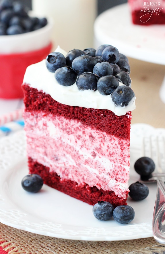 A slice of Red Velvet Ice Cream Cake on a plate