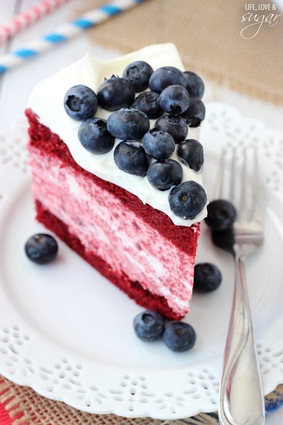 A slice of Red Velvet Ice Cream Cake on a plate