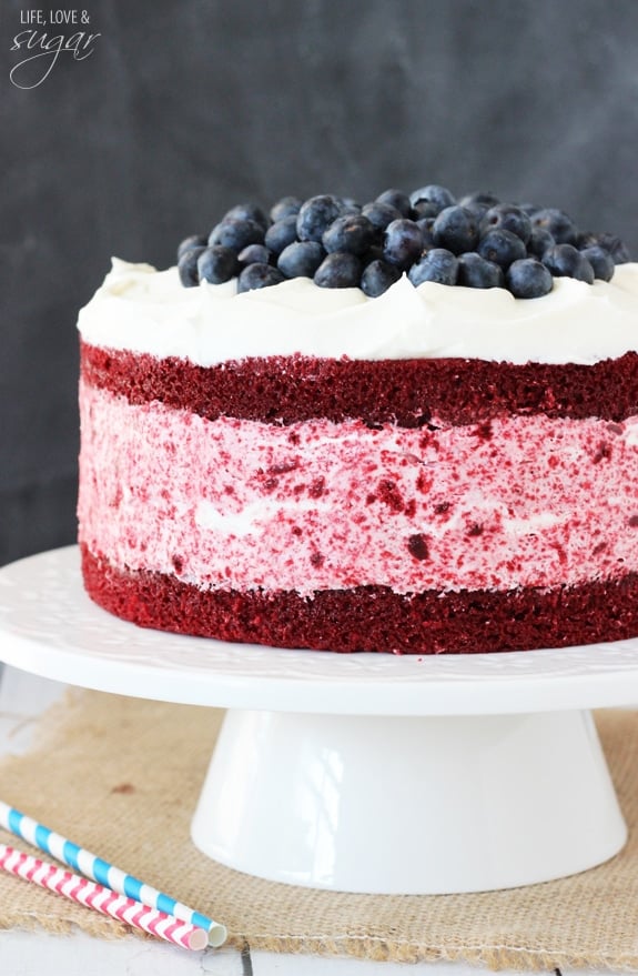 Red Velvet Ice Cream Cake on a cake pedestal