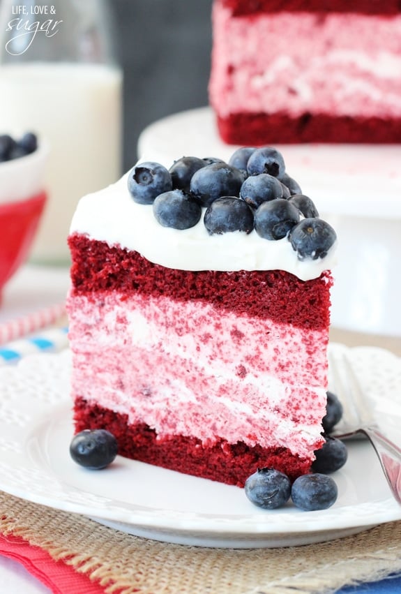 A slice of Red Velvet Ice Cream Cake on a plate