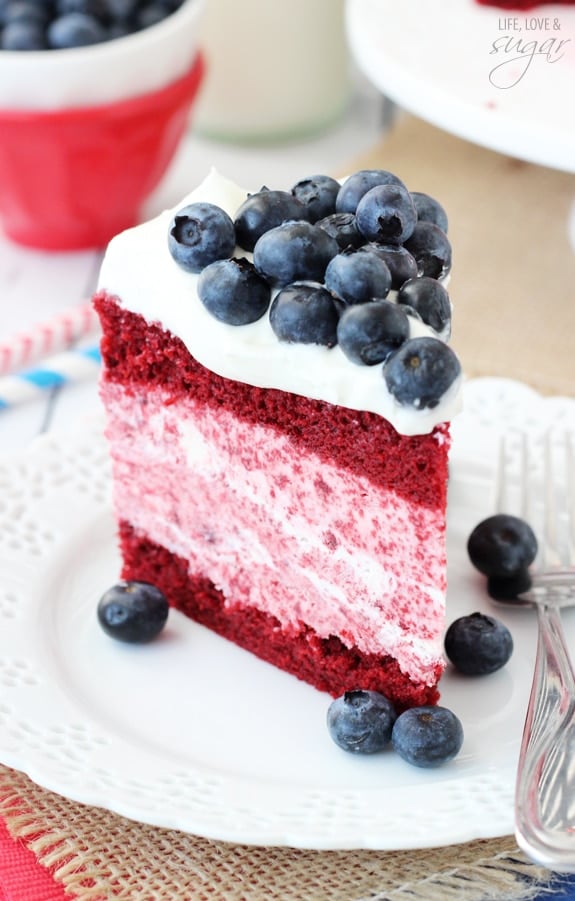 A slice of Red Velvet Ice Cream Cake on a plate