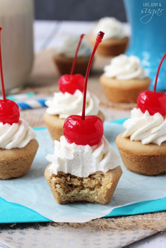 Root Beer Float Cookie Cups with a bite out of one