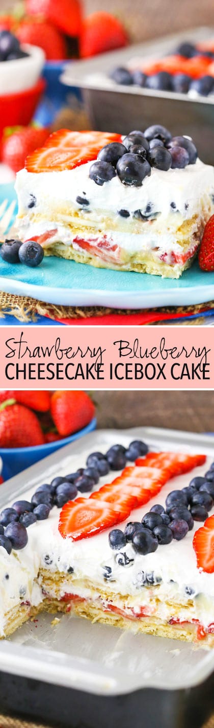 Strawberry and Blueberry Cheesecake Icebox Cake - layers of golden oreos, fresh berries, cheesecake pudding and whipped cream! No bake, delicious and perfect for July 4th!