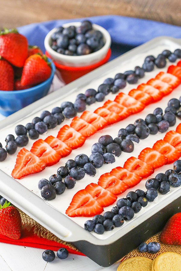 Strawberry and Blueberry Cheesecake Icebox Cake in a pan