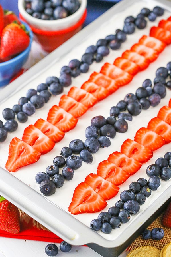 Strawberry and Blueberry Cheesecake Icebox Cake in a pan