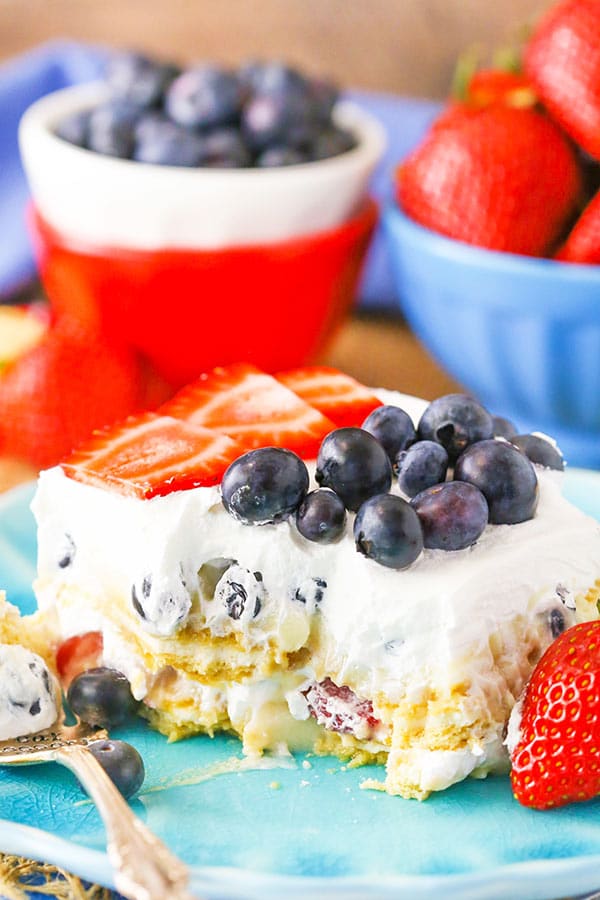 A slice of Strawberry and Blueberry Cheesecake Icebox Cake on a plate