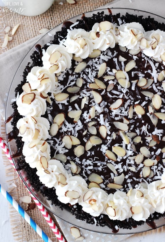 Overhead view of Almond Joy Pie in a pie plate