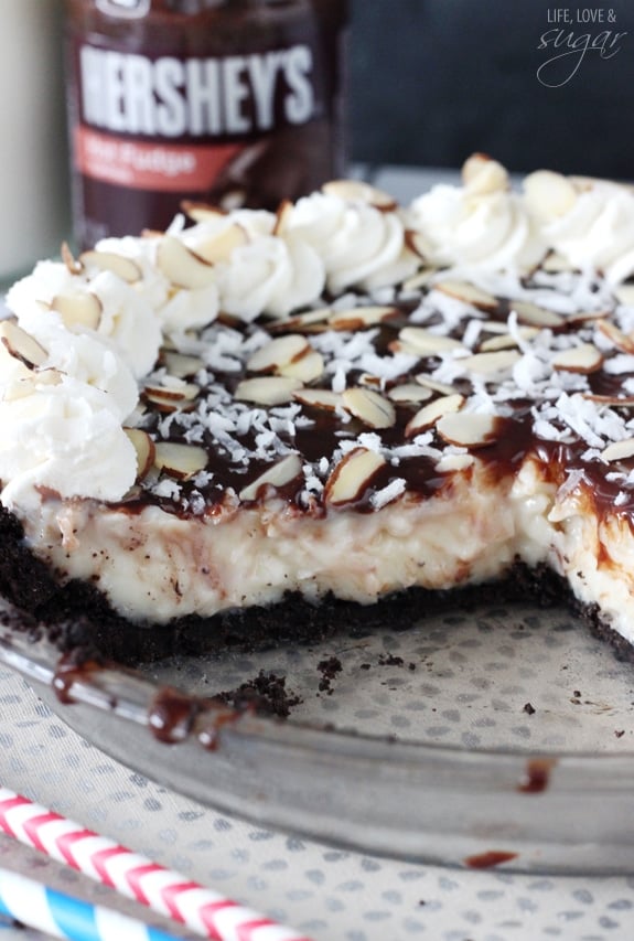 Almond Joy Pie in a pie pan with a few slices removed