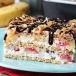 Banana Split Icebox Cake on blue plate