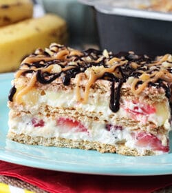 Banana Split Icebox Cake on blue plate