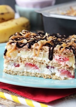 Banana Split Icebox Cake on blue plate