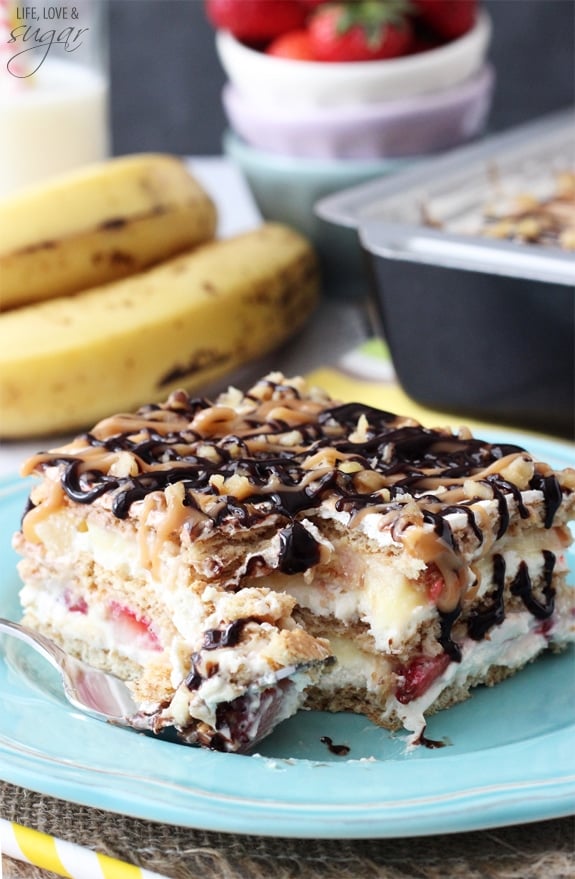 Banana Split Icebox Cake on a blue plate