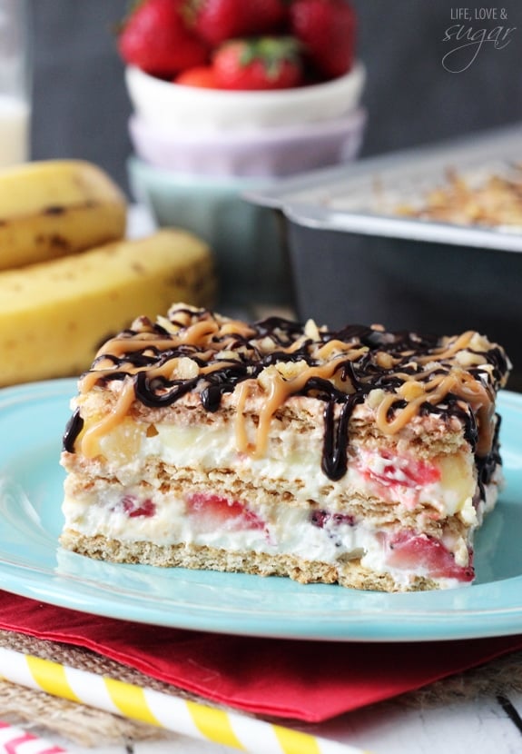 Banana Split Icebox Cake on a blue plate