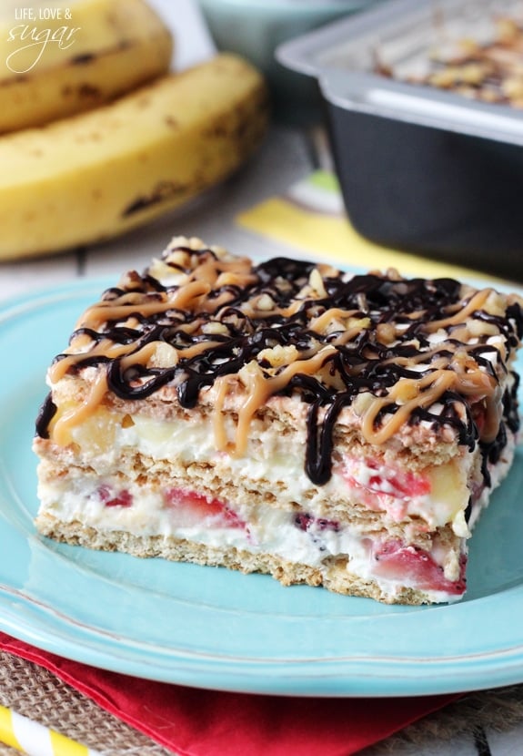 Banana Split Icebox Cake on a blue plate