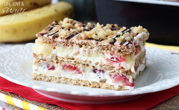 Banana Split Icebox Cake on a white plate