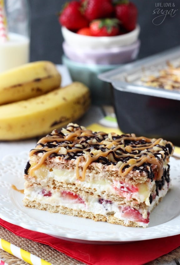 Banana Split Icebox Cake on a white plate