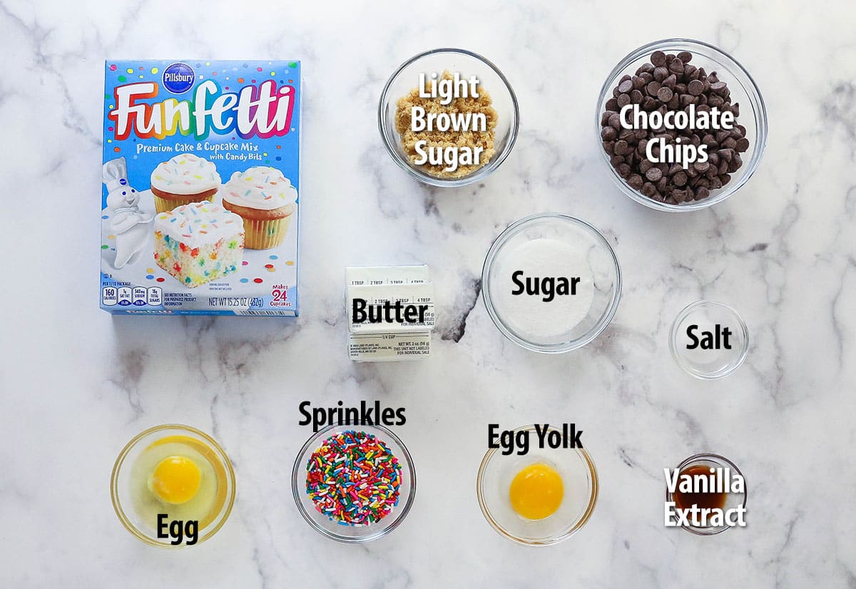 Overhead view of ingredients needed to make cake batter chocolate chip cookies