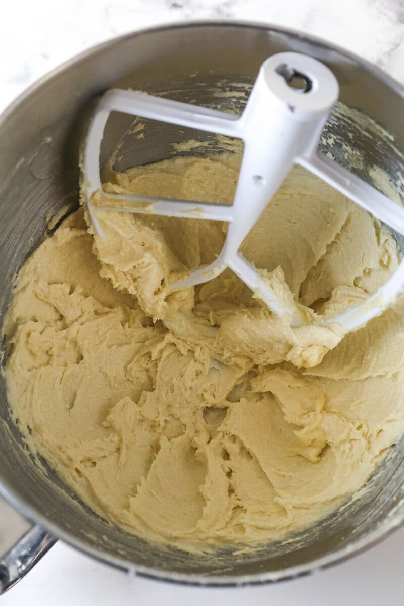 Creamed butter and sugar in a mixing bowl