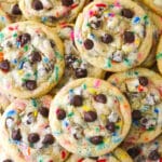 Overhead view of a pile of cake batter chocolate chip cookies