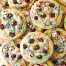 Overhead view of a pile of cake batter chocolate chip cookies
