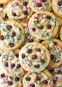 Overhead view of a pile of cake batter chocolate chip cookies