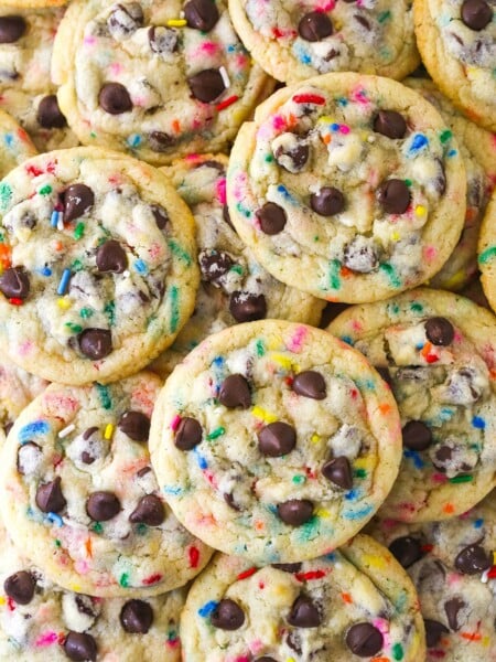 Overhead view of a pile of cake batter chocolate chip cookies