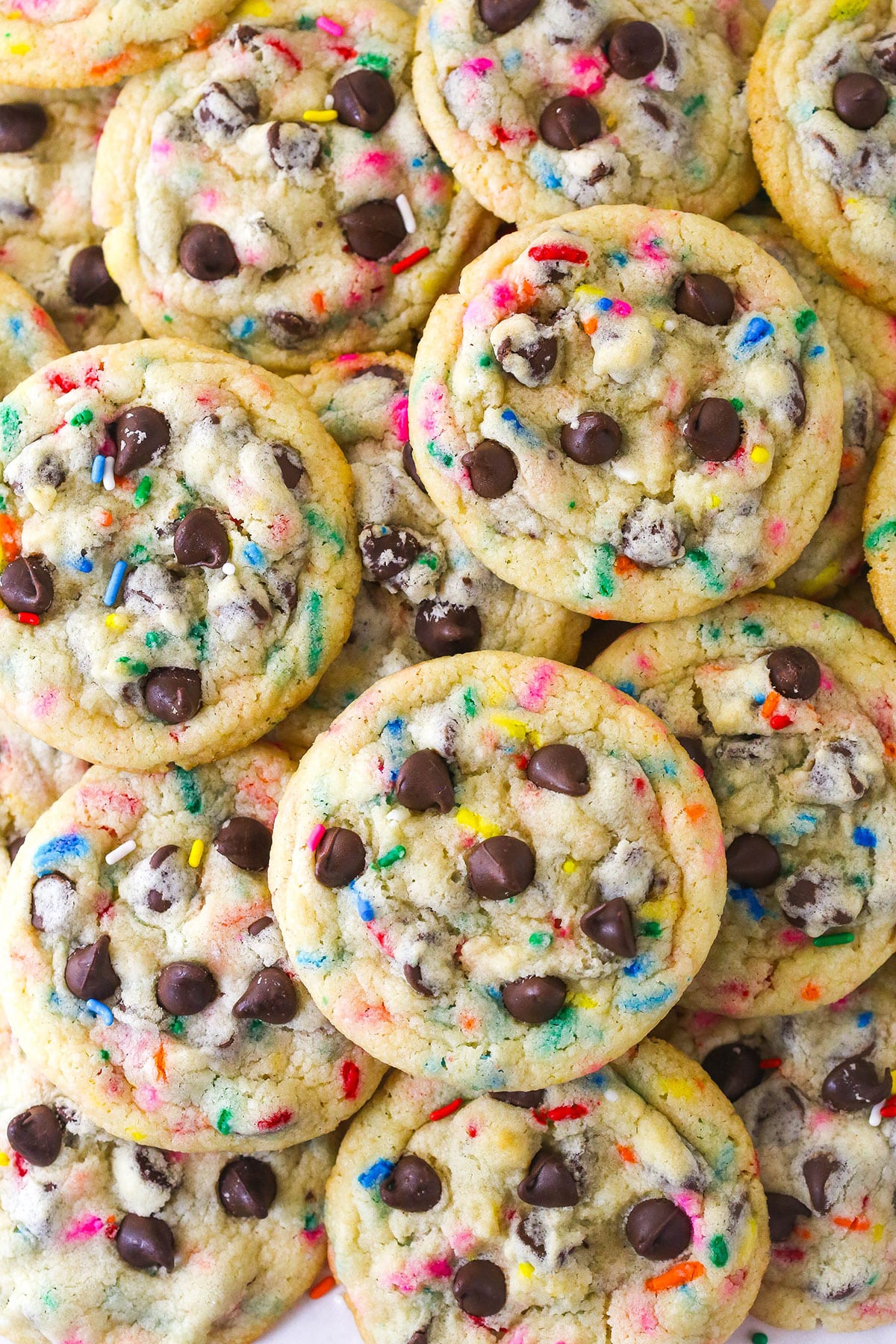Overhead view of a pile of cake batter chocolate chip cookies