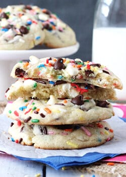 Funfetti Cake Batter Chocolate Chip Cookies stacked