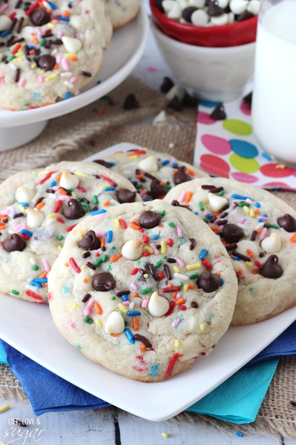 Funfetti Cake Batter Chocolate Chip Cookies arranged on a plate