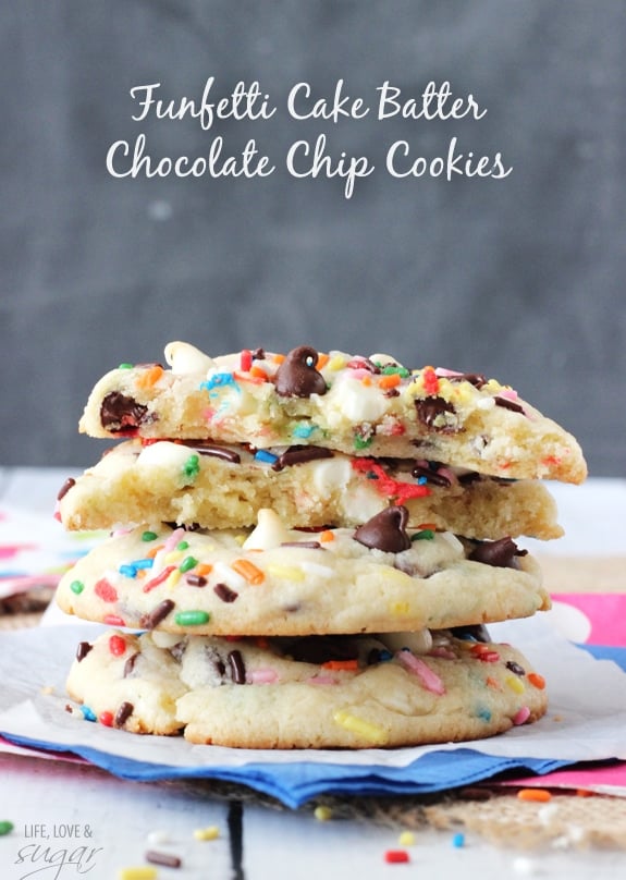 Funfetti Cake Batter Chocolate Chip Cookies in a stack with one broken in half