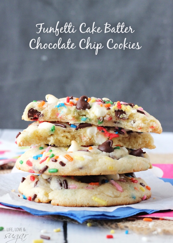 Funfetti Cake Batter Chocolate Chip Cookies in a stack with one broken in half