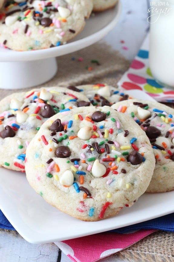 Funfetti Cake Batter Chocolate Chip Cookies arranged on a plate