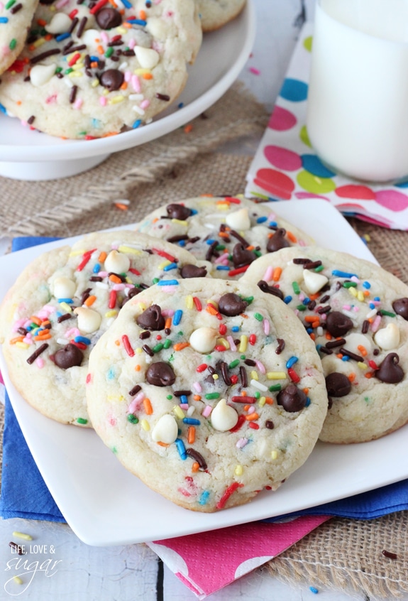 Funfetti Cake Batter Chocolate Chip Cookies arranged on a plate