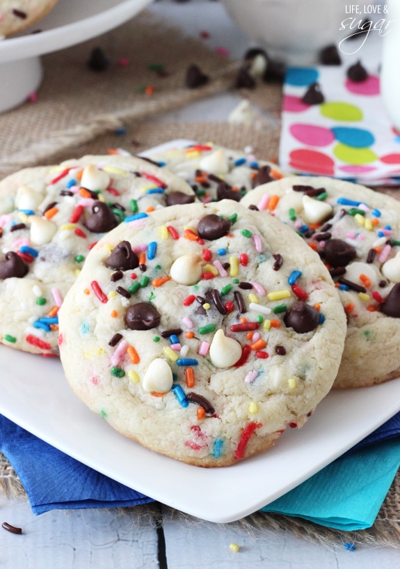 Funfetti Cake Batter Chocolate Chip Cookies arranged on a plate
